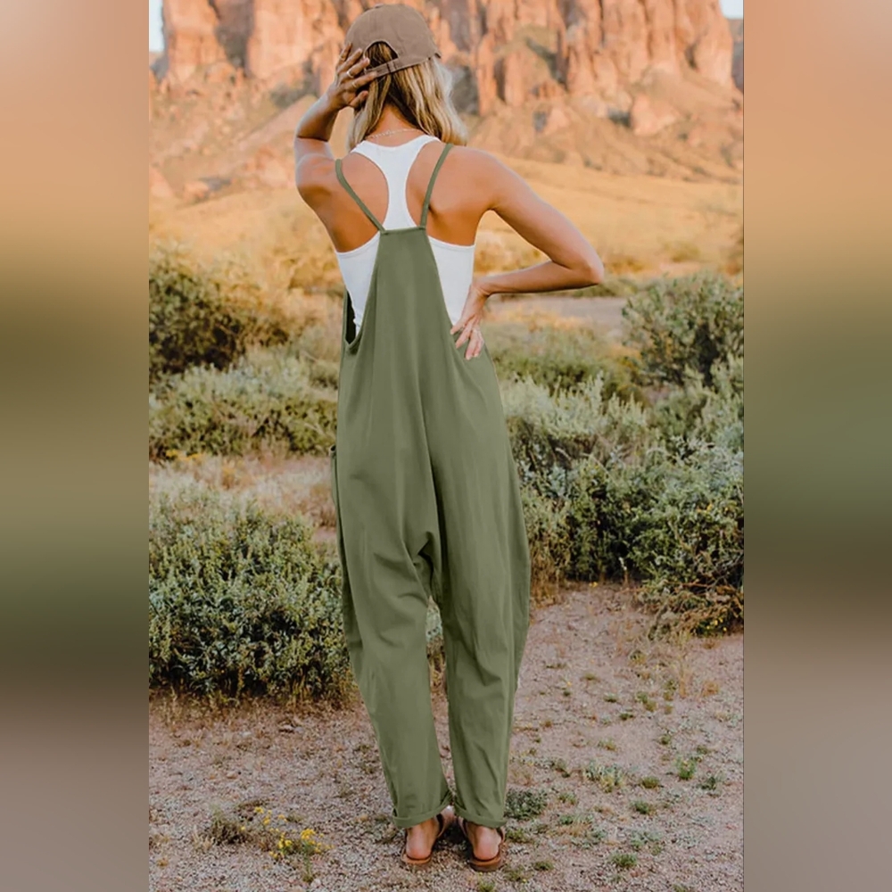 Oversized Hippie V-Neck Sleeveless Wide Leg Pant Pocket Jumpsuit Outfit Bohemian - Picture 3 of 10